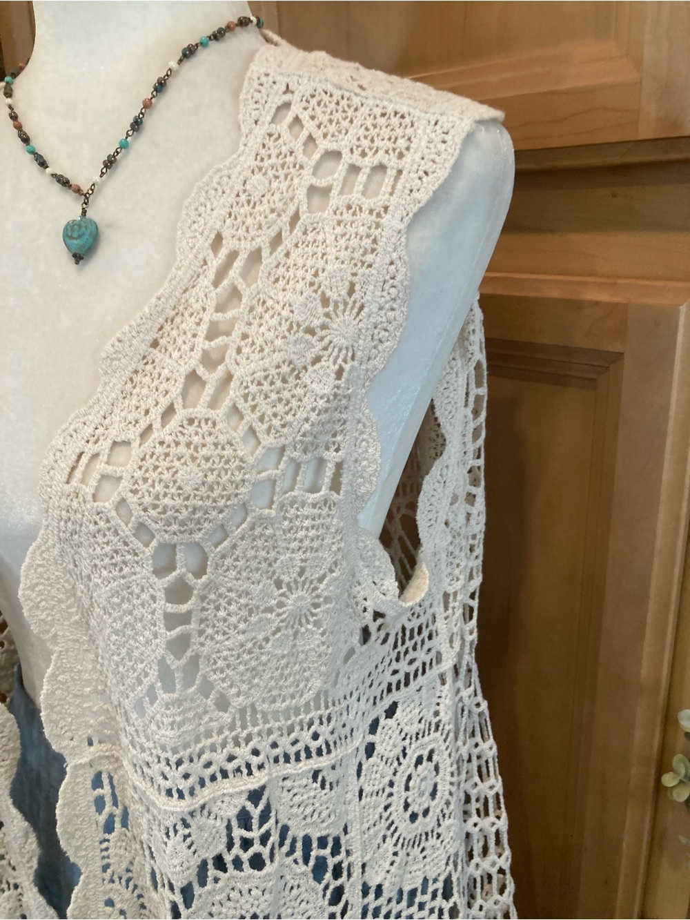 Cato Cream Crochet Open-Front Vest Duster 100% Cotton - Picture 7 of 8